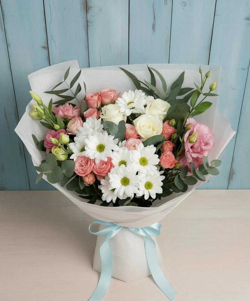 Букет цветов из: Розы, Лизиантусы и Хризантемы в Губарево