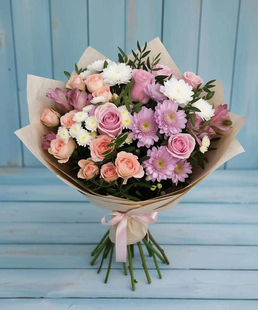 Букет цветов из: Хризантемы, Розы и Альстромерии в Губарево