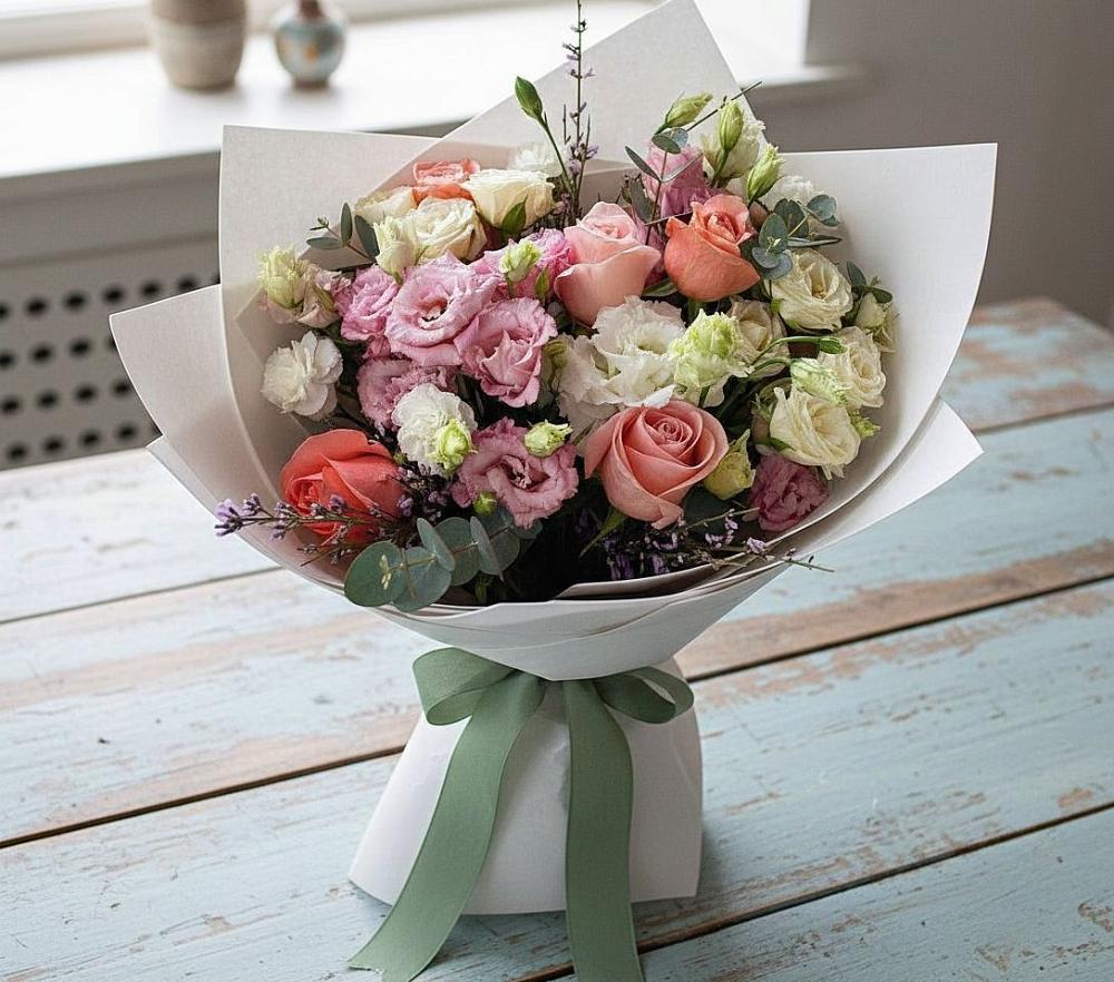 Букет цветов из: Розы, Лизиантусы и Гвоздики в Губарево